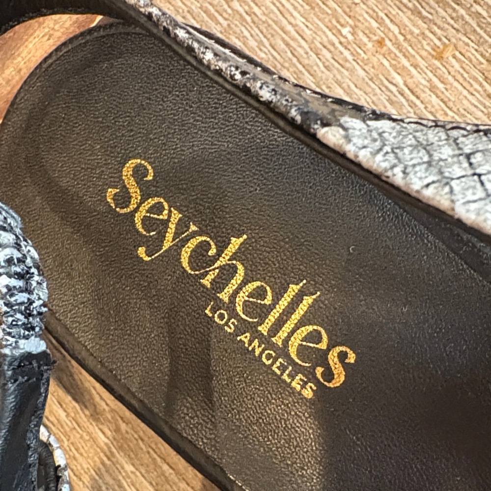 Seychelles Black Leather Pointed Slingback Flats with Snake-Print Strap 8.5 - Picture 2 of 5